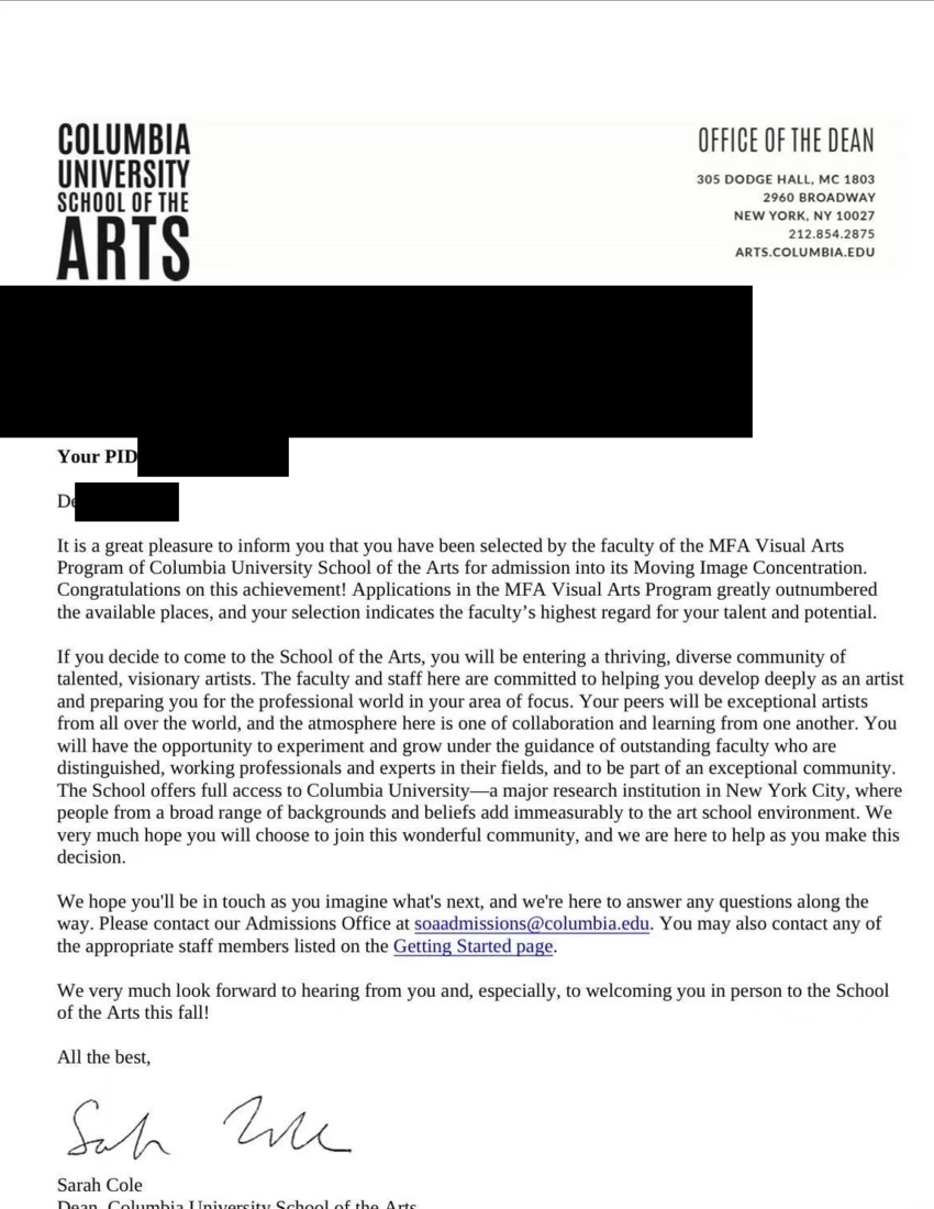 Offer letter, Columbia University School of the Arts, MFA Visual Arts, Moving Image Concentration, 2026, with the name and identifiers redacted
