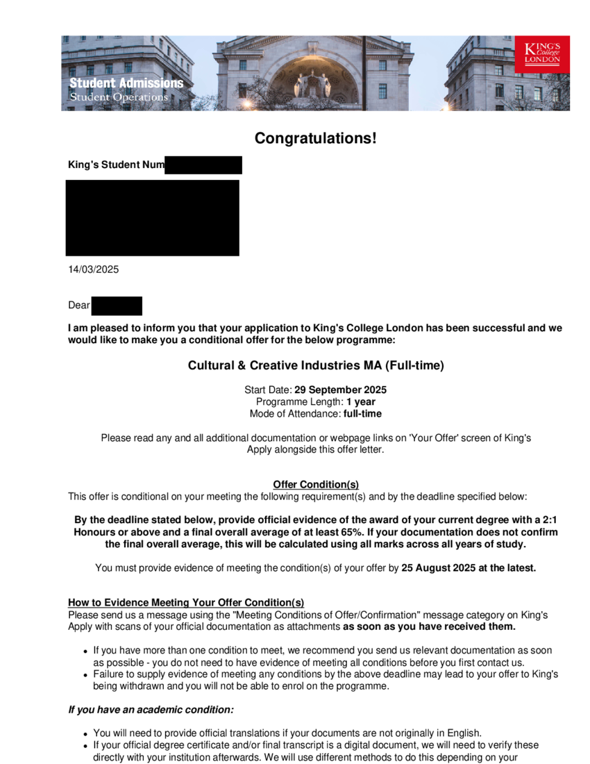 Offer letter, King's College London, MA Cultural & Creative Industries, 2025, with the name and identifiers redacted