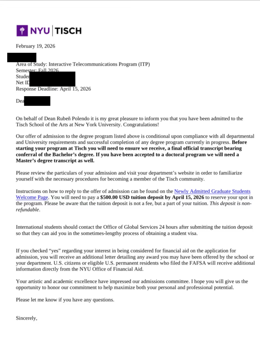 Offer letter, NYU Tisch School of the Arts, Interactive Telecommunications Program, 2026, with the name and identifiers redacted