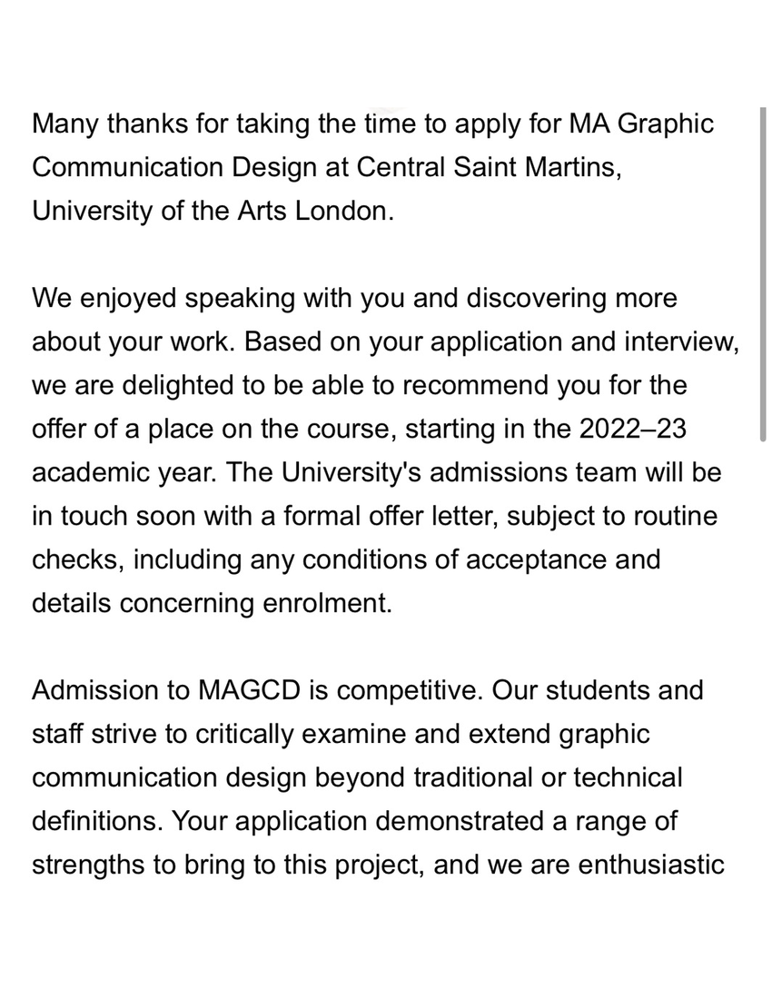 Offer recommendation, Central Saint Martins, MA Graphic Communication Design, 2022 to 23, the founder&rsquo;s own application