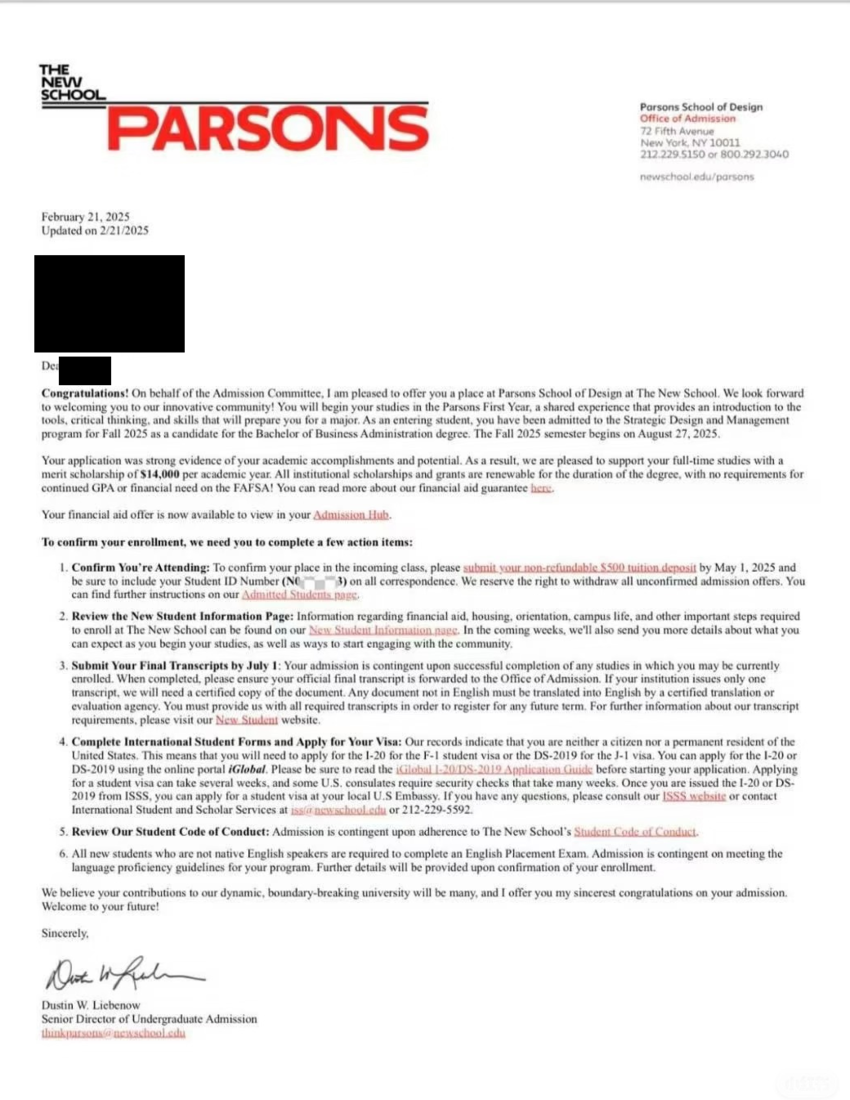 Offer letter, Parsons School of Design, BBA Strategic Design and Management, 2025, with a merit scholarship of 14,000 dollars a year, name redacted