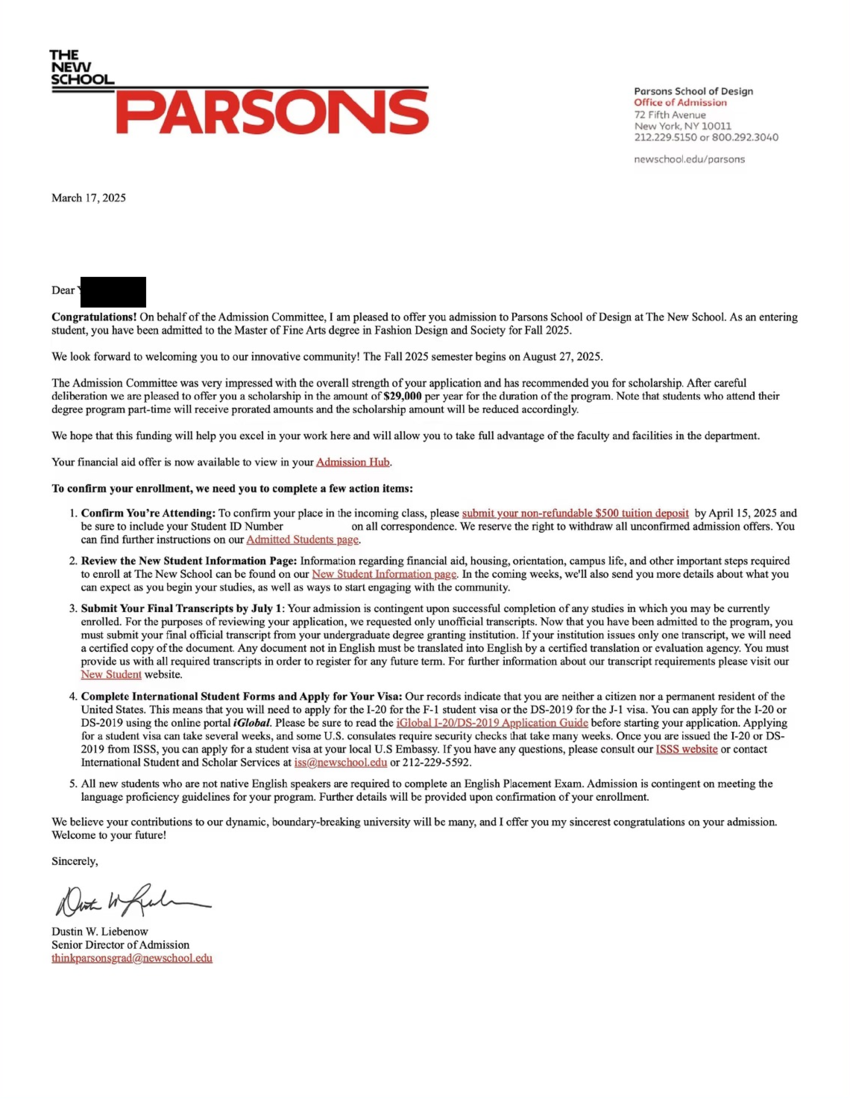 Offer letter, Parsons School of Design, MFA Fashion Design and Society, 2025, with a scholarship of 29,000 dollars a year, name redacted