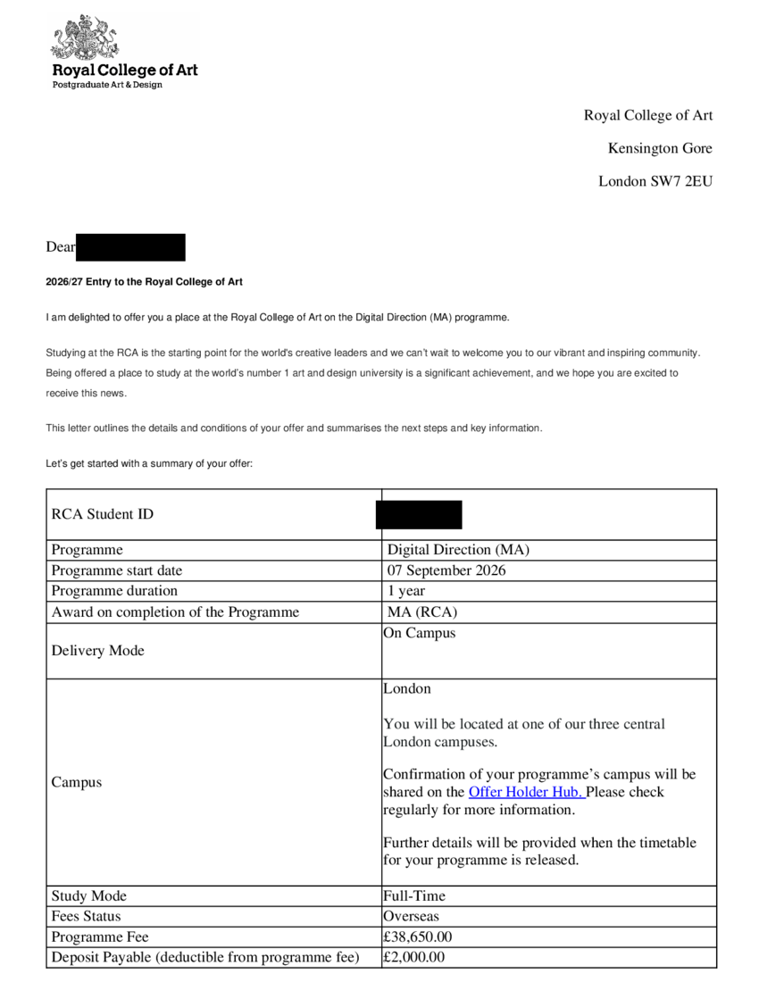 Offer letter, Royal College of Art, MA Digital Direction, 2026, with the name and identifiers redacted