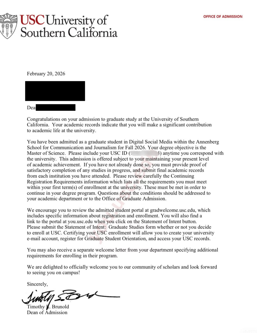 Offer letter, University of Southern California, MS Digital Social Media at the Annenberg School, 2026, with the name and address redacted