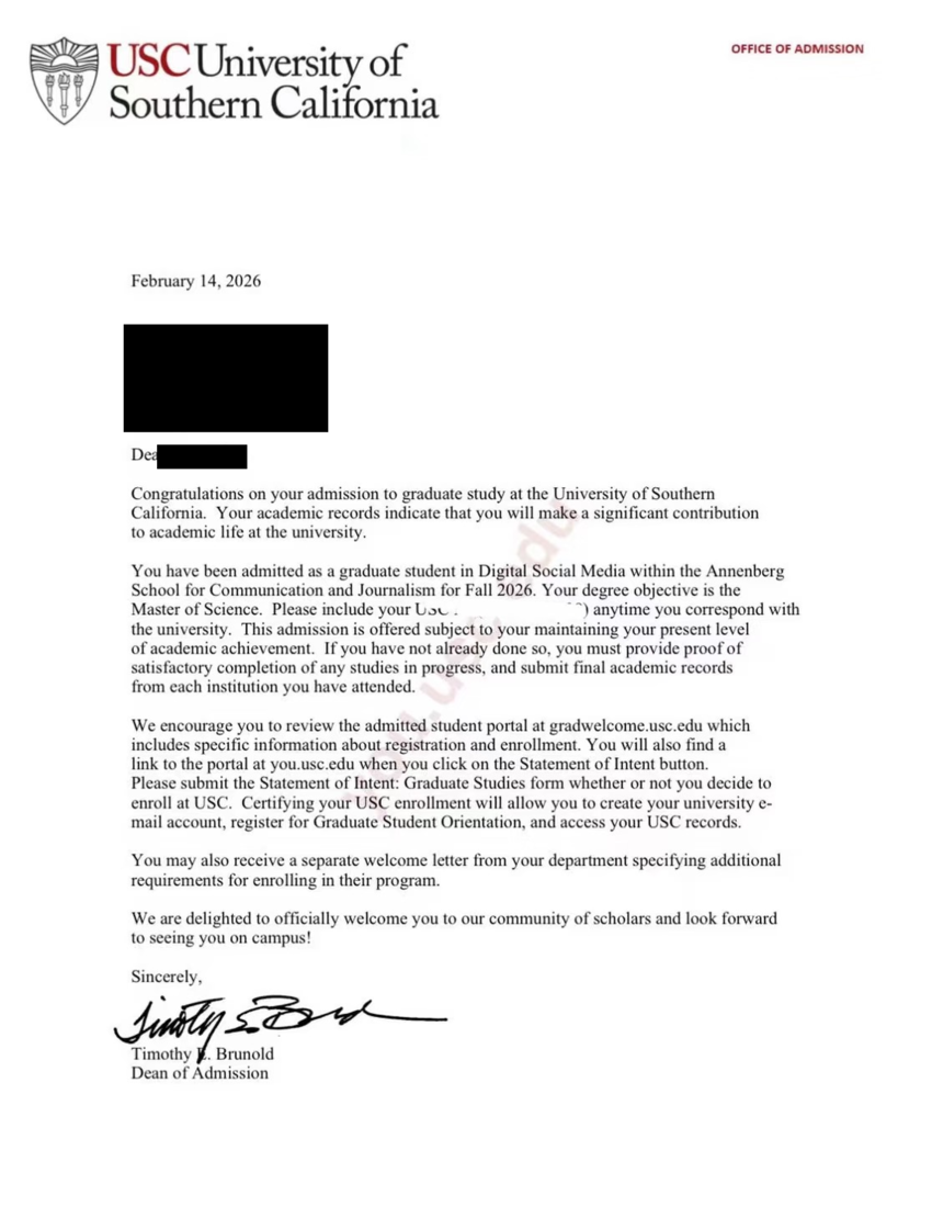 A second offer letter, University of Southern California, MS Digital Social Media at the Annenberg School, 2026, with the name and address redacted