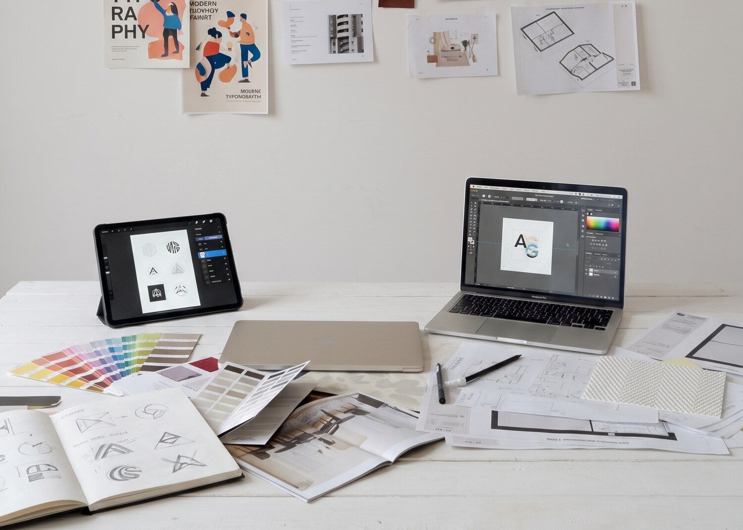 A studio wall of pinned posters and layout studies above a desk with a tablet, a laptop and colour swatches