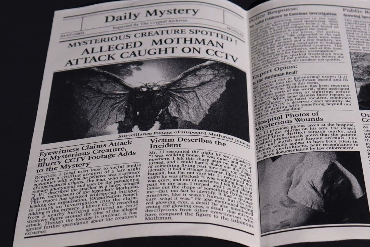 An open broadsheet newspaper reporting an alleged Mothman attack caught on CCTV